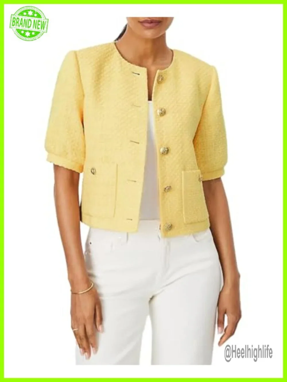 Cropped Crew Neck Tweed Blazer with Pockets Puff Short Sleeve